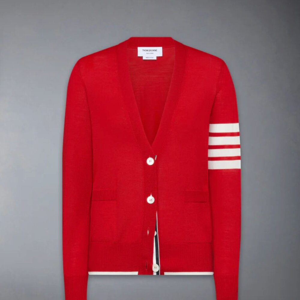 Thom Browne MERINO WOOL 4-BAR RELAXED FIT V-NECK CARDIGAN